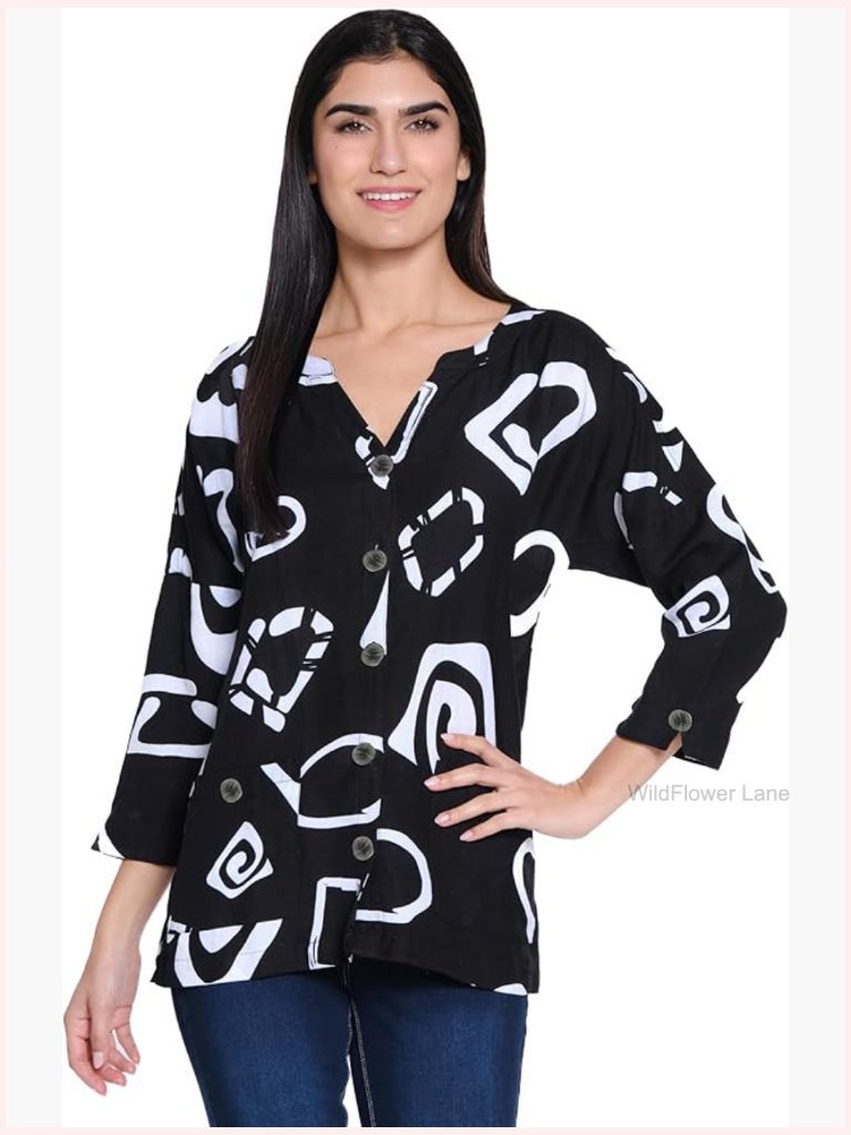 Woven Button Front Blouse Stand Collar Front Pockets 3/4 Sleeve